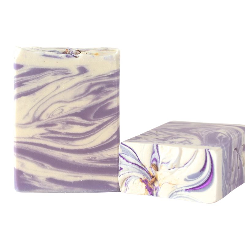 Lavender and Mandarin Blossom Mi&U handmade soap with purple and cream swirls, front and side view