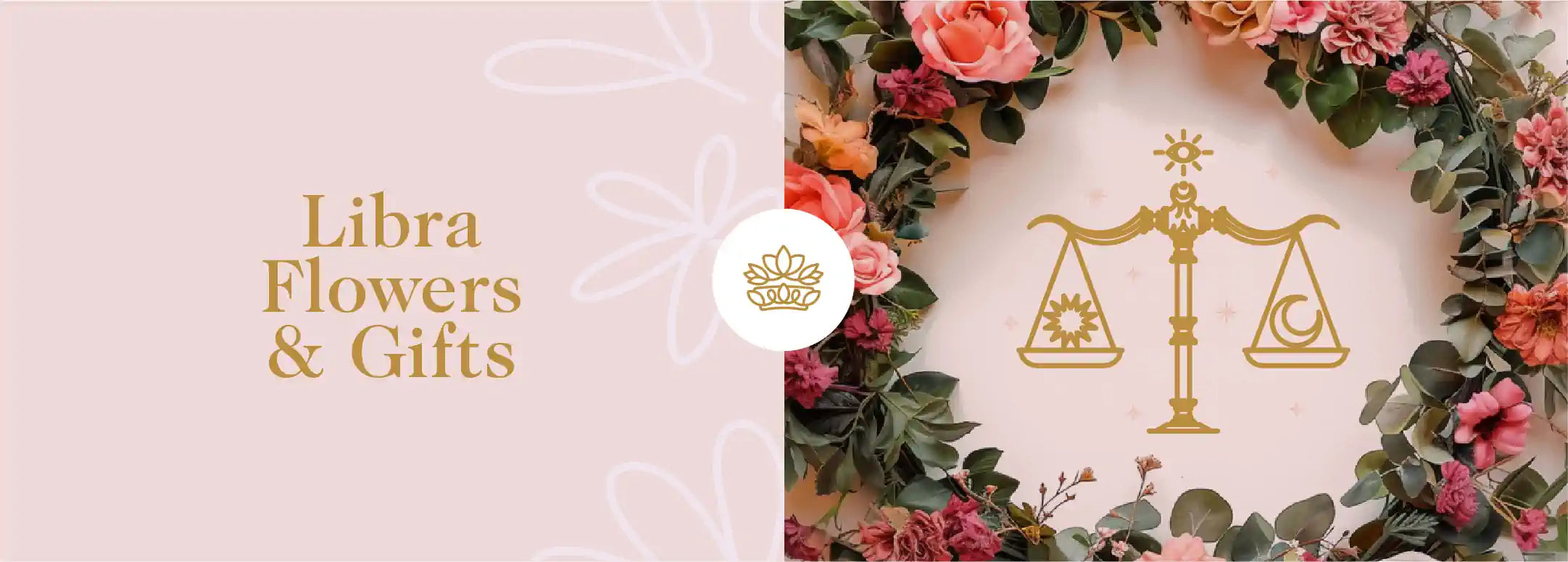 A beautiful floral wreath featuring the Libra zodiac sign in the centre, 'Libra Flowers & Gifts'. Fabulous Flowers and Gifts - Libra Flowers & Gifts