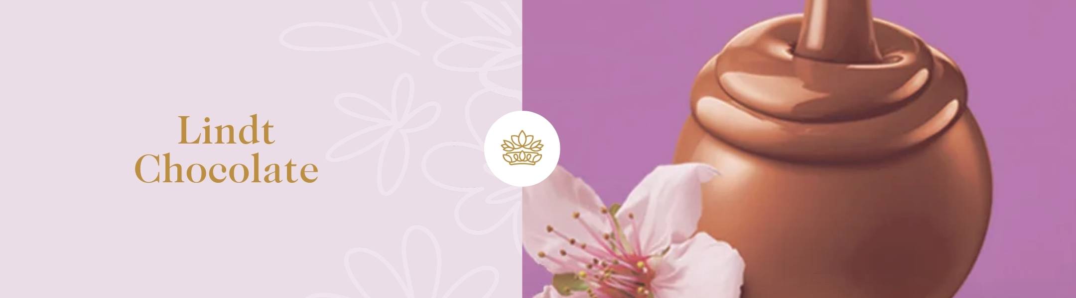Fabulous Flowers and Gifts banner featuring Lindt Chocolate text alongside a flowing chocolate truffle and cherry blossom on a pastel background.