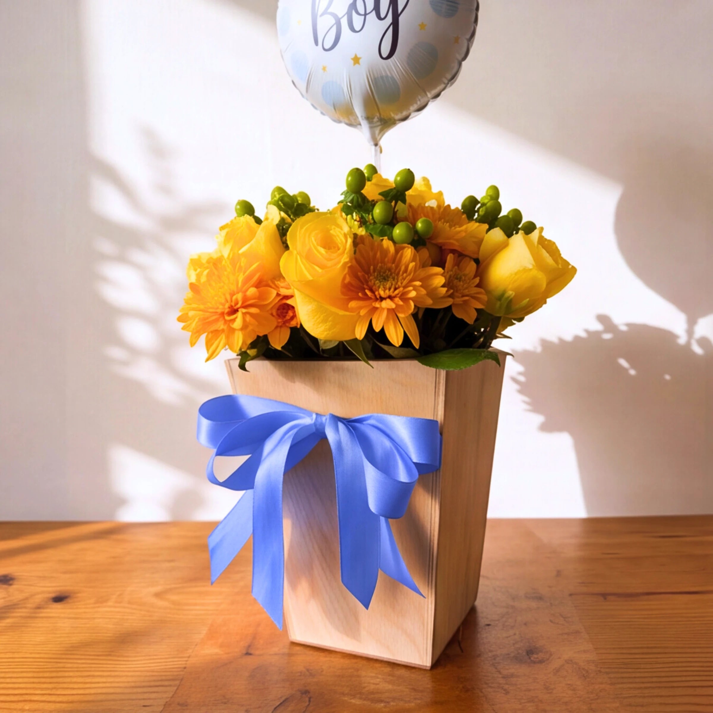 Little Prince new baby boy gift, yellow roses in a wooden box with blue bow and It's a Boy balloon, Cape Town