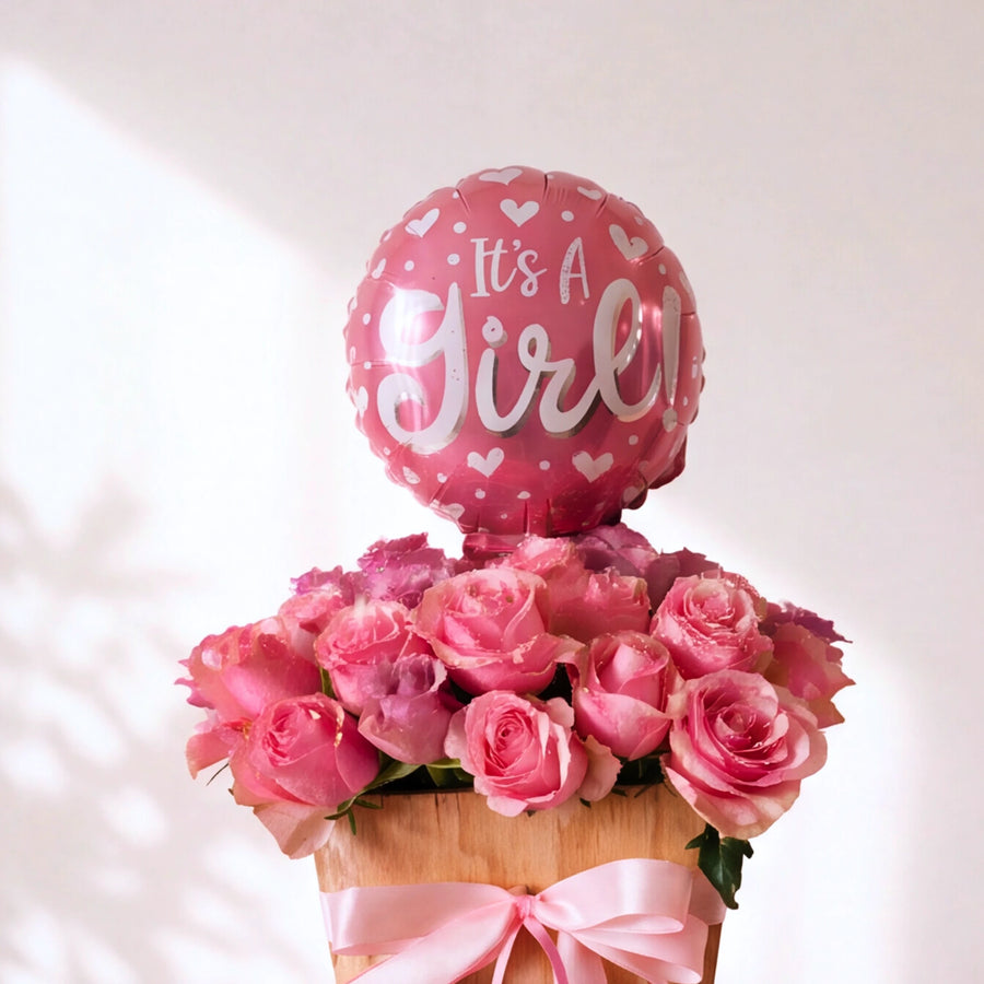 Little Sweetheart new baby girl gift, pink roses in a wooden box with pink bow and It's a Girl balloon