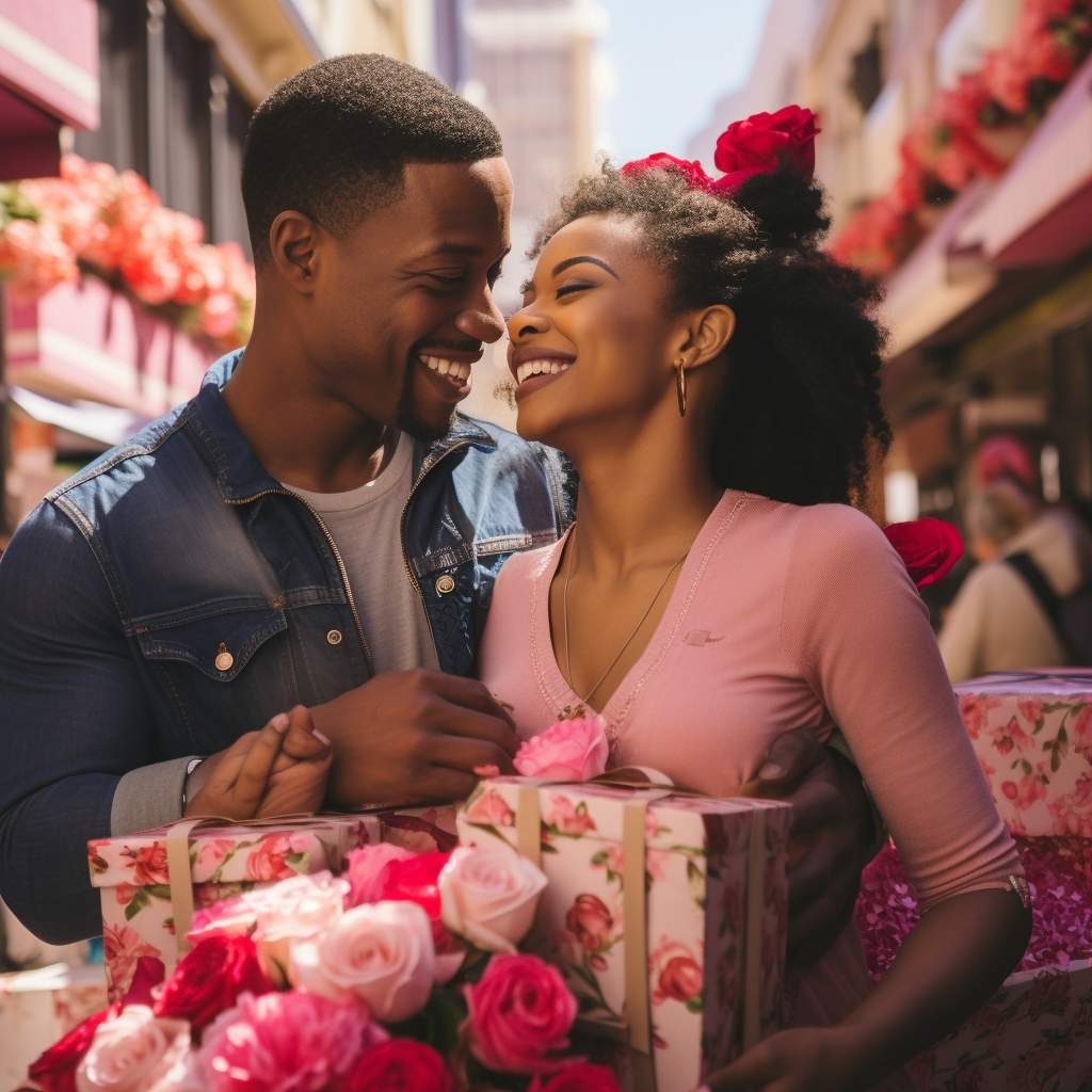 Joyful couple with a gift box surrounded by pink and red roses on Valentine's Day.