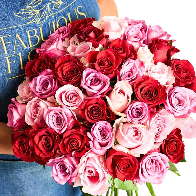 Close up of beautiful bouquet of vibrant pink and red roses