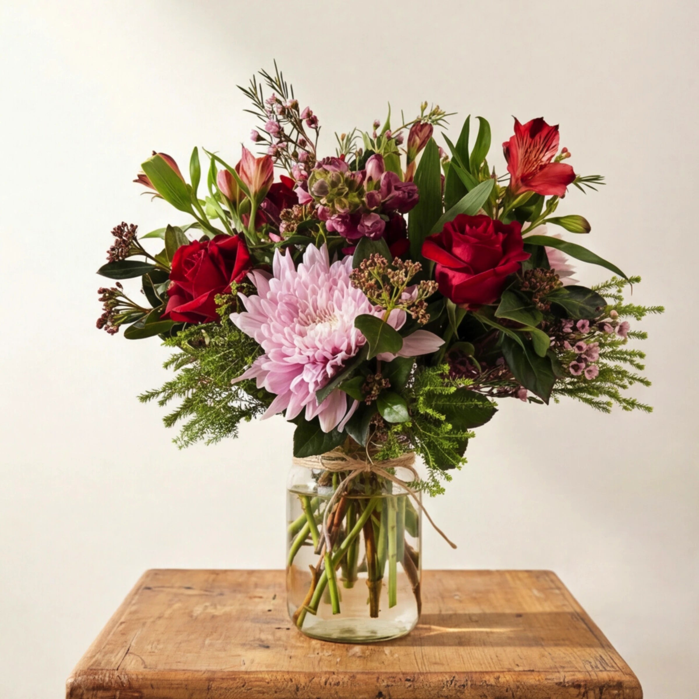 Love in a Jar arrangement on a rustic wooden stool, red roses, pink chrysanthemum, burgundy snapdragons, red alstroemeria, pink wax flower and asparagus fern in a glass mason jar with twine bow, Fabulous Flowers Cape Town