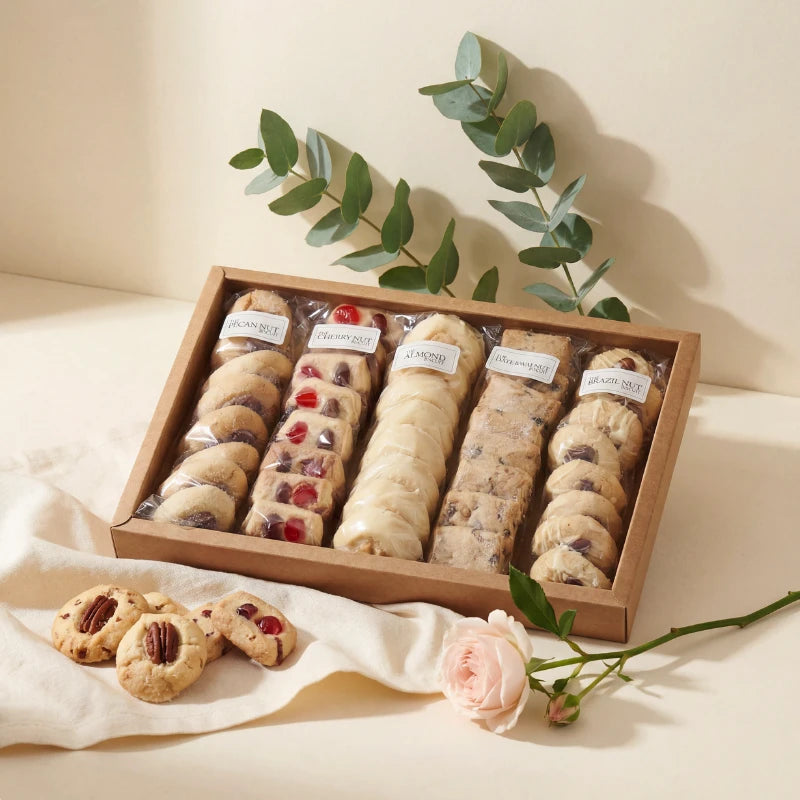 Luxury Biscuits gift box styled with pecan, cherry, almond, date and walnut and brazil nut biscuits, Fabulous Flowers and Gifts