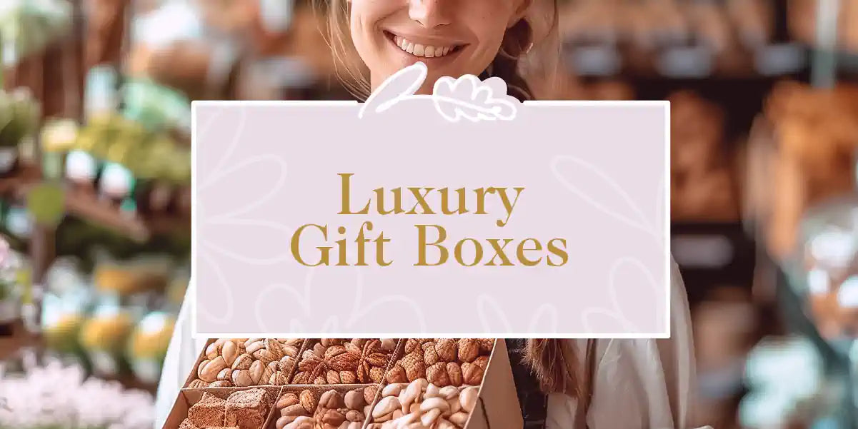 Luxury Gift Boxes: Smiling Woman Holding a Deluxe Gift Box Filled with Assorted Nuts and Gourmet Treats, Ideal for Special Occasions. Fabulous Flowers and Gifts.