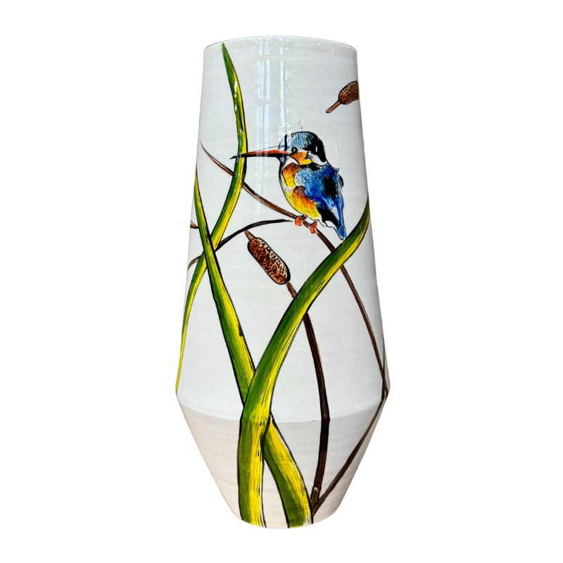 Vase with a bird and reed design on a white background