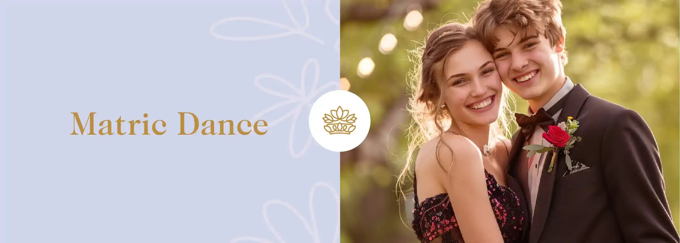 A happy young couple dressed for a Matric Dance, the girl in a sparkling burgundy dress and the boy in a sleek suit with a red rose boutonniere, sharing a joyful moment. This image celebrates the Matric Dance Collection from Fabulous Flowers and Gifts.