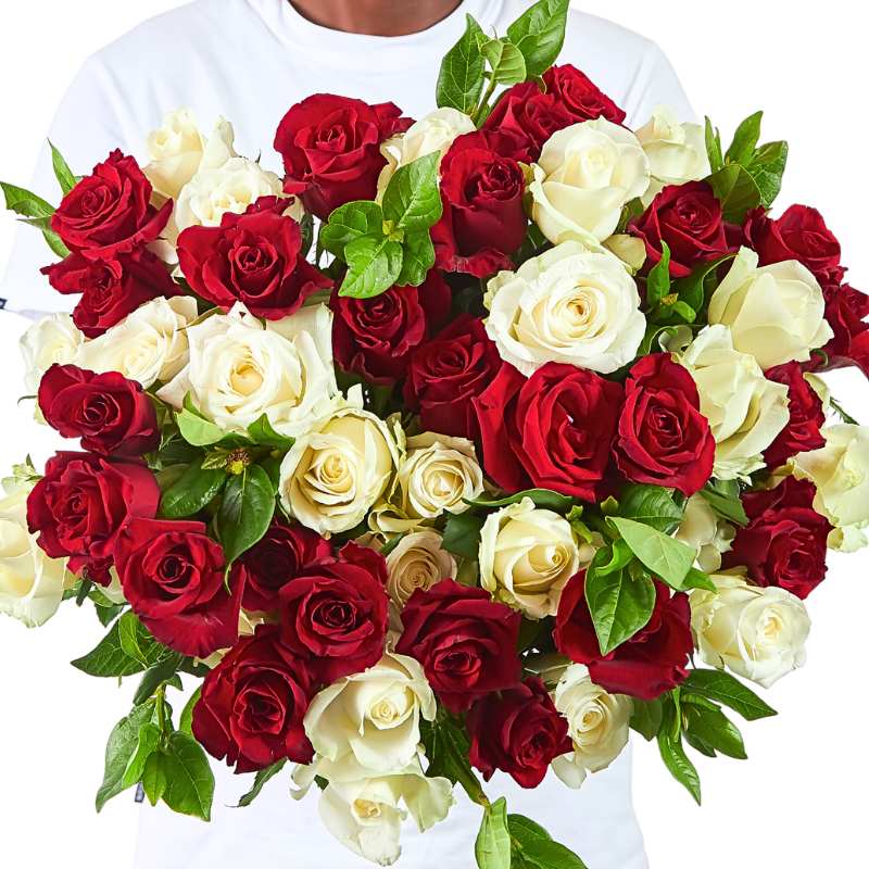 Midnight and Moonlight bouquet of red and white roses arranged in a round hand-tied style