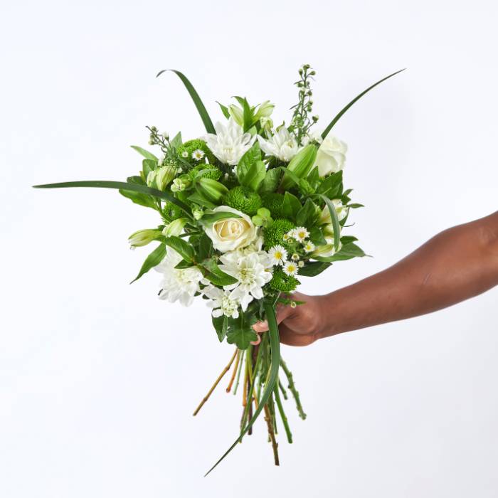Mint Swirl Bouquet - A stunning hand-tied floral arrangement featuring white roses, green chrysanthemums, and fresh foliage.