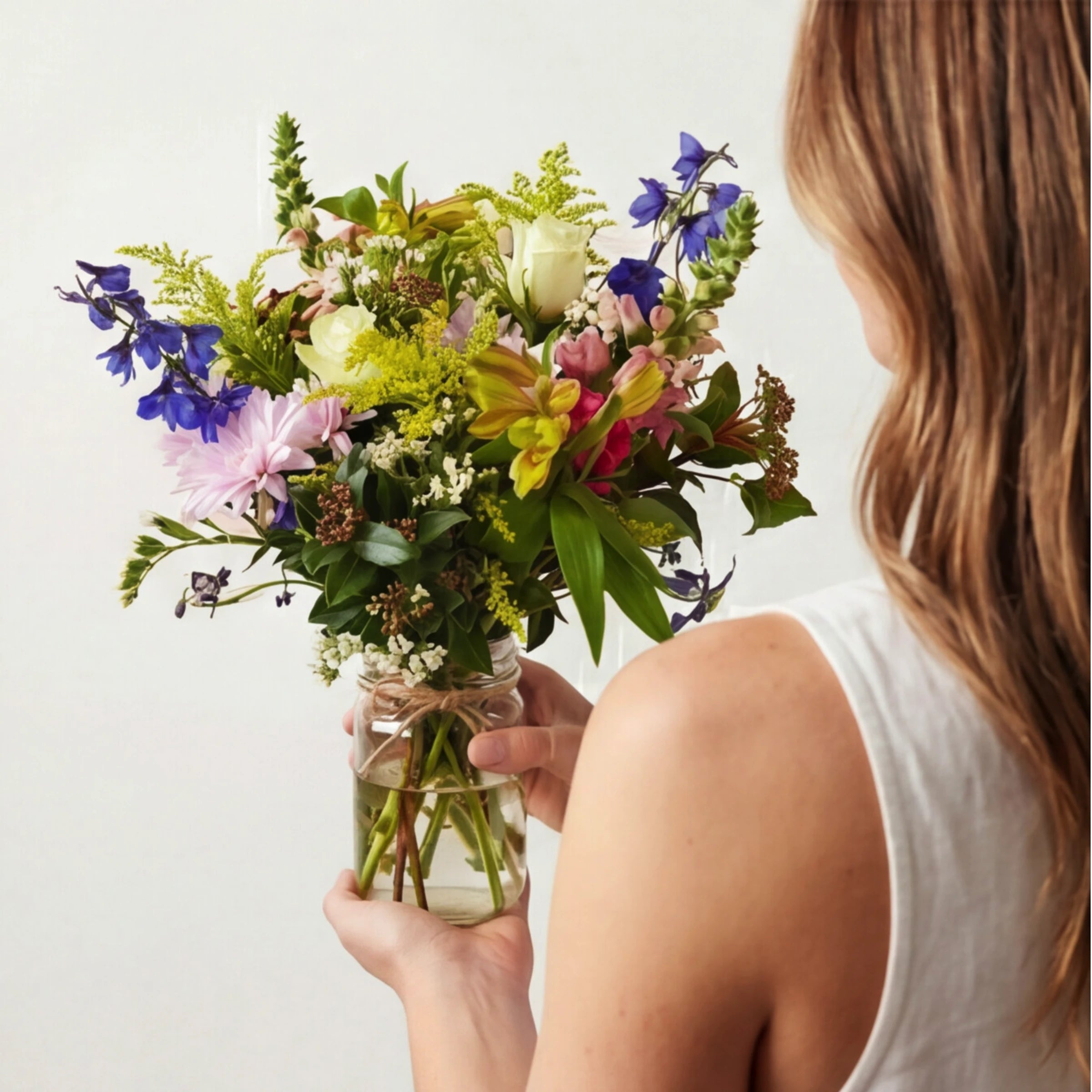 Over-the-shoulder view of a woman in a white linen dress holding New Baby Jar, white roses, pink chrysanthemum, blue delphinium, pink alstroemeria and yellow solidago in a twine-wrapped glass mason jar from Fabulous Flowers Cape Town.