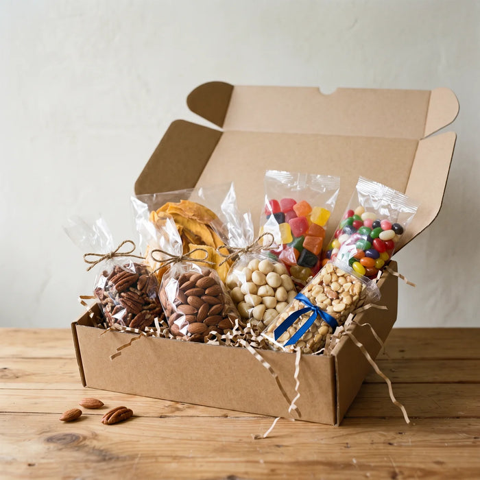 Open kraft box of nuts, dried mango and sweets in clear bags on a worn pine table, with a few loose nuts beside it, Fabulous Flowers South Africa