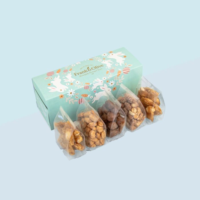 Nuts and Brittles Treat Box - Fabulous Flowers & Gifts bunny box with chocolate balls, brittle, and spiced or roasted nut treats.