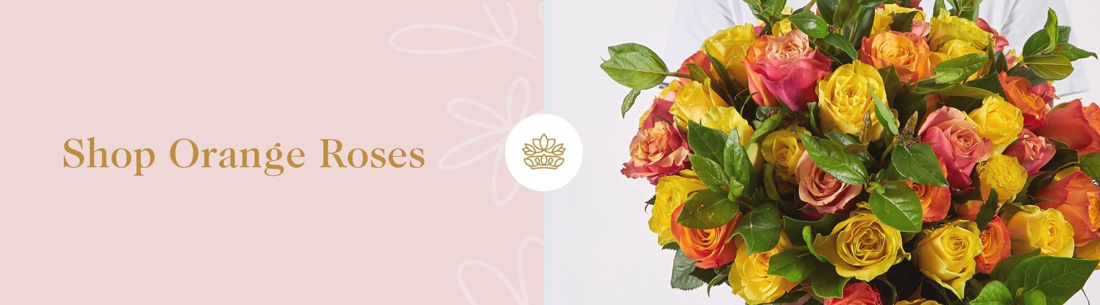 Vibrant bouquet of orange, yellow and coral roses with greenery beside “Shop Orange Roses” – Fabulous Flowers and Gifts banner.