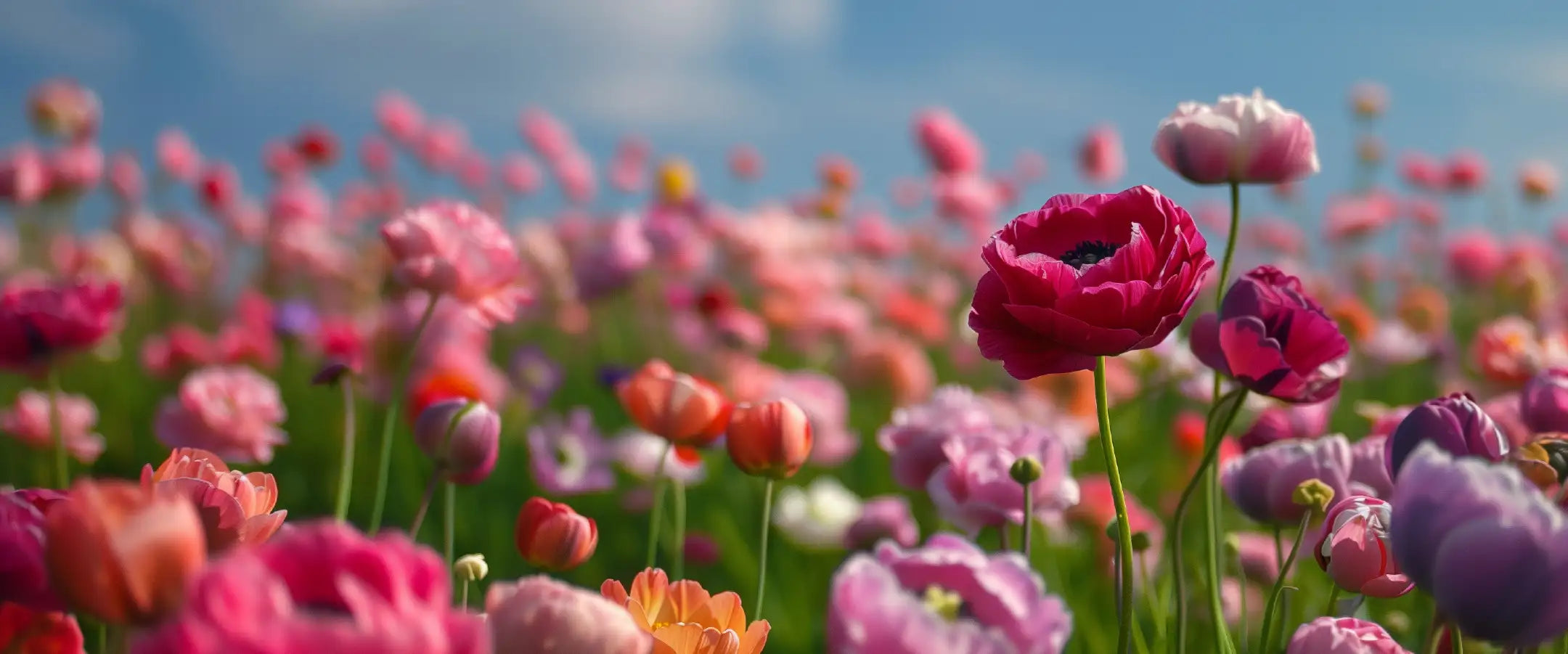 Field of vibrant pink and purple flowers with the text 'Exquisite Freshness, Handpicked and Delivered with Care.' Each bouquet is sourced directly from local farms, ensuring unmatched freshness. Shop Now. Our Difference. Fabulous Flowers and Gifts.