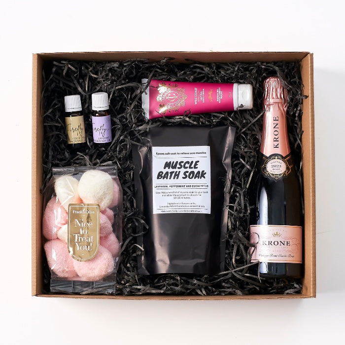 Pamper and Indulge Gift Box - Fabulous Flowers & Gifts with Krone rosé, bath soak, fizz bombs, oils, lotion and self-care essentials.