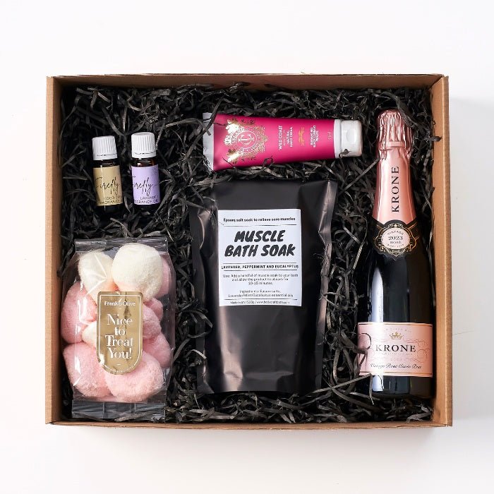 Pamper and Indulge Gift Box - Fabulous Flowers & Gifts with Krone rosé, bath soak, fizz bombs, oils, lotion and self-care essentials.