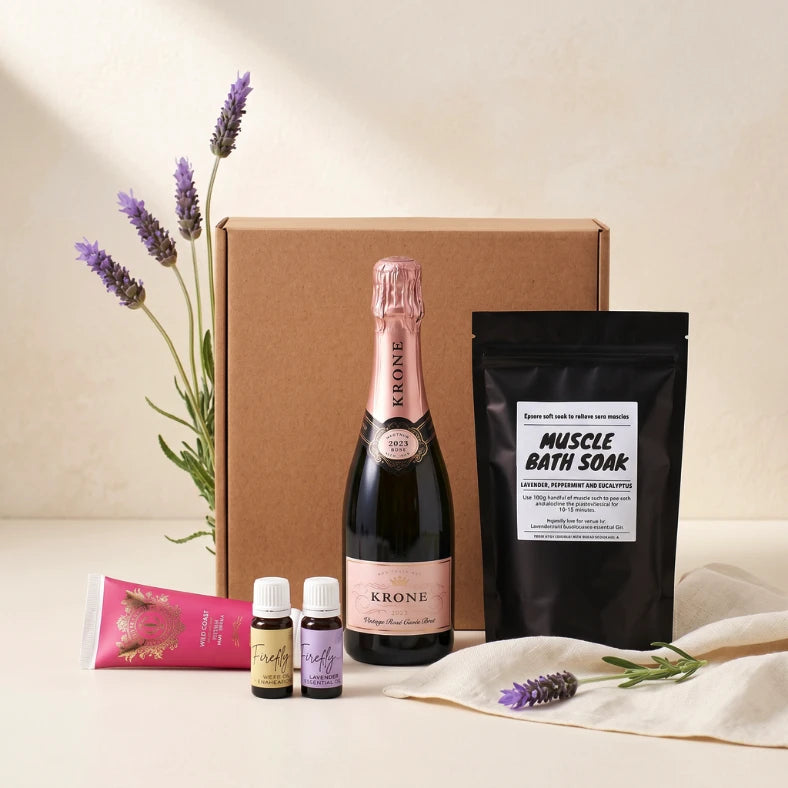 Krone Vintage Rosé, lavender muscle bath soak, Firefly essential oils and Wild Coast hand cream from the Pamper and Indulge gift box for her, Fabulous Flowers and Gifts