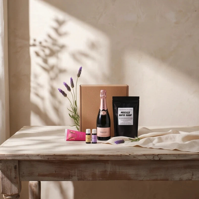Pamper and Indulge gift box for her on a rustic wood table with Krone Rosé, muscle bath soak, hand cream and Firefly essential oils, Fabulous Flowers and Gifts