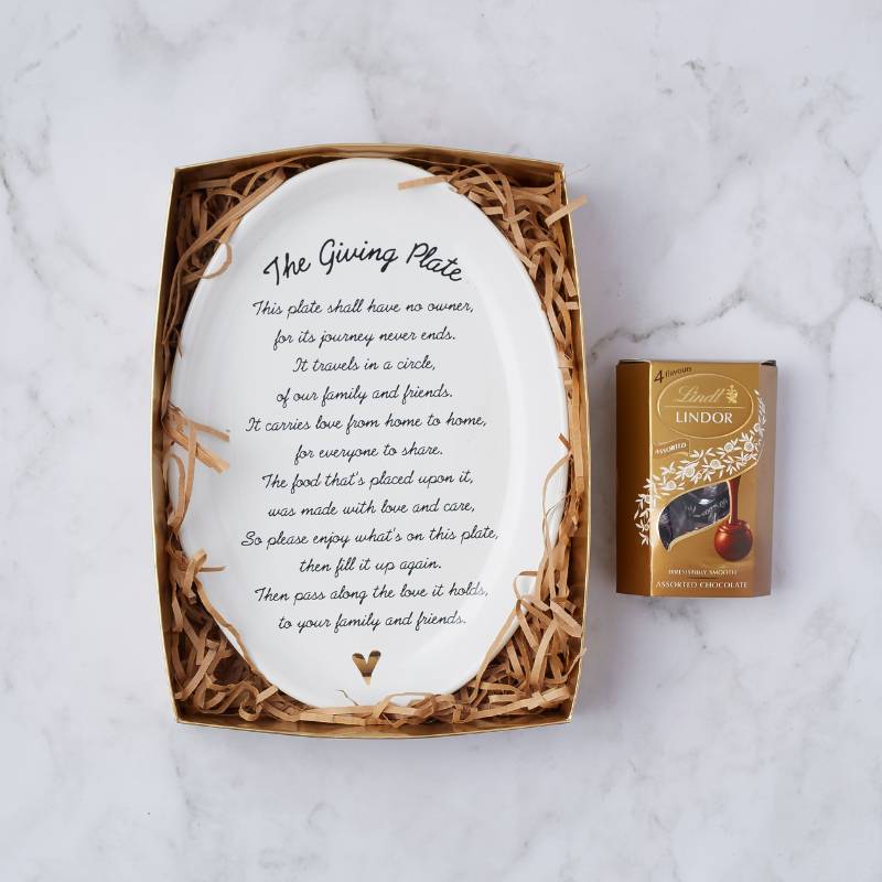 Pass the Love Gift Set featuring The Giving Plate with a heartfelt message about sharing love, paired with a box of Lindor assorted chocolates.