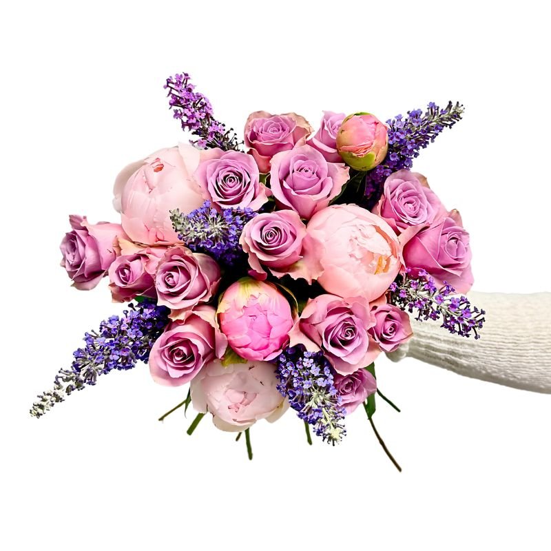 Bouquet of pink peonies, lilac roses and lavender sprigs – Peonies at Dusk – Fabulous Flowers and Gifts.