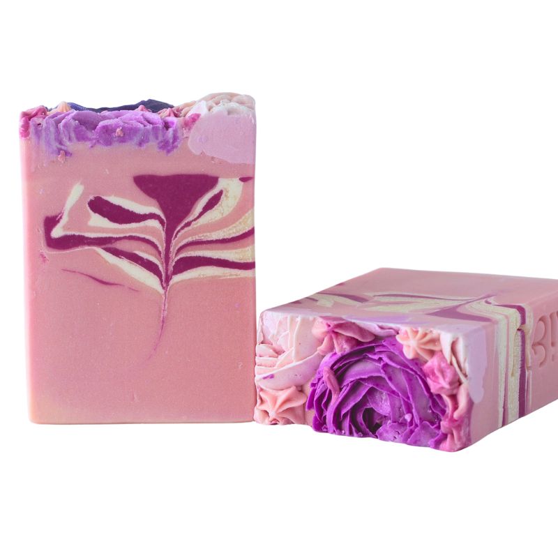 Peony & Blush Suede Soap from Mi&U with handcrafted floral design in shades of pink and purple – Fabulous Flowers & Gifts