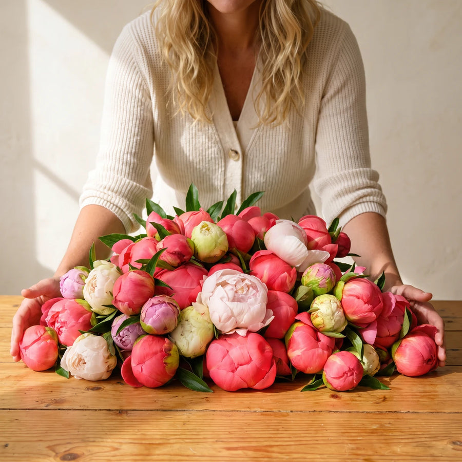 Woman in a cream cardigan spreading a huge bunch of coral and blush peonies across a wooden table