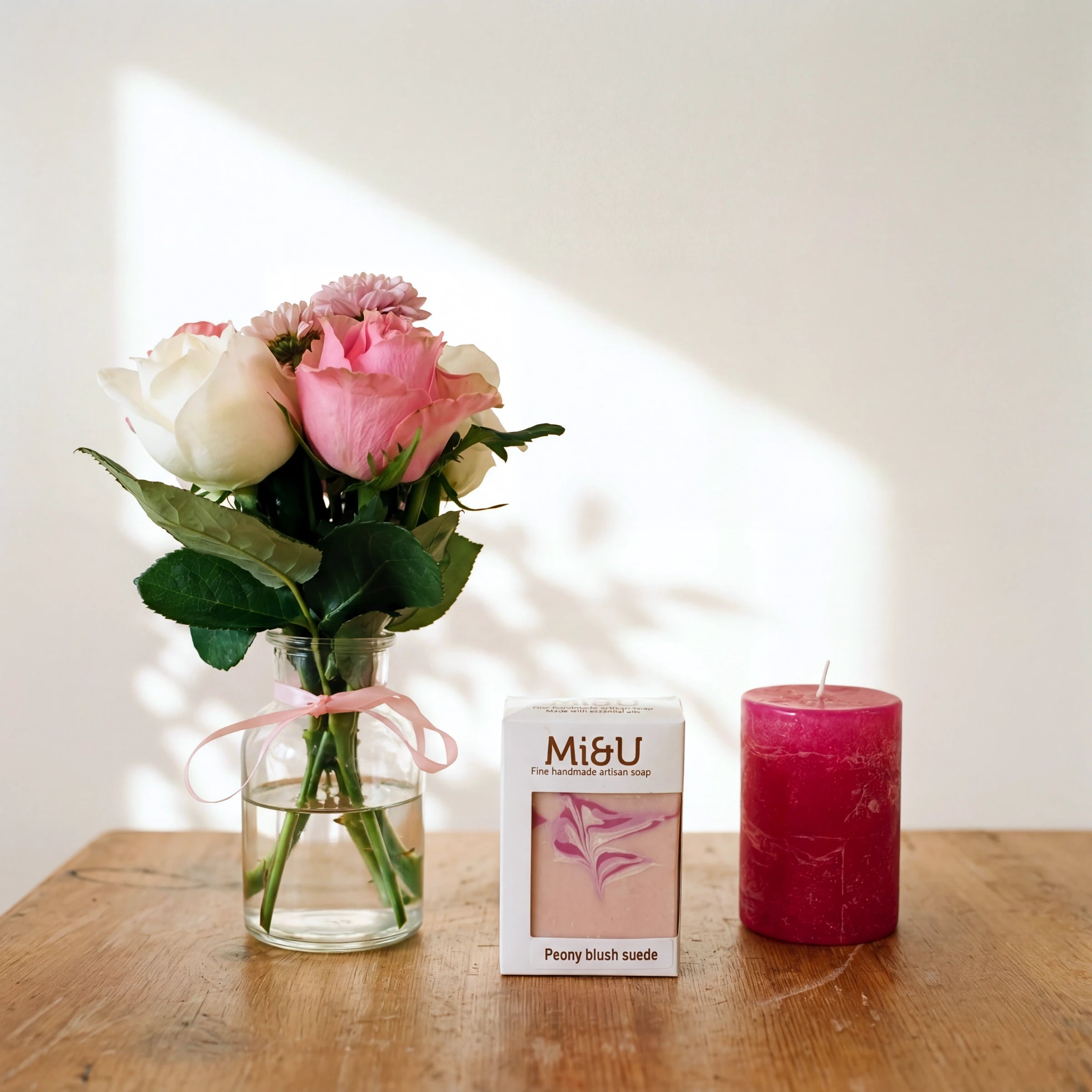 Petal & Flame pink gift box: pink and cream rose posy, Mi&U Peony Blush Suede soap and a pink candle