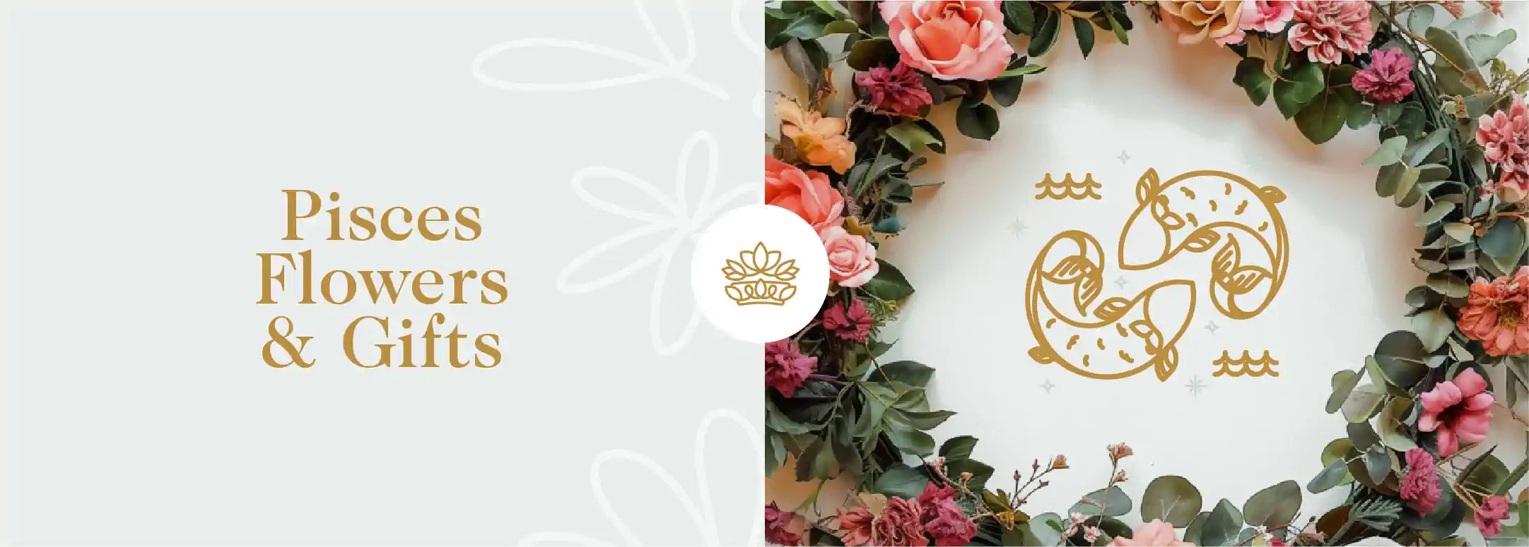 A vibrant wreath of flowers surrounding the Pisces symbol, evoking the astrological sign's connection with nature and beauty.