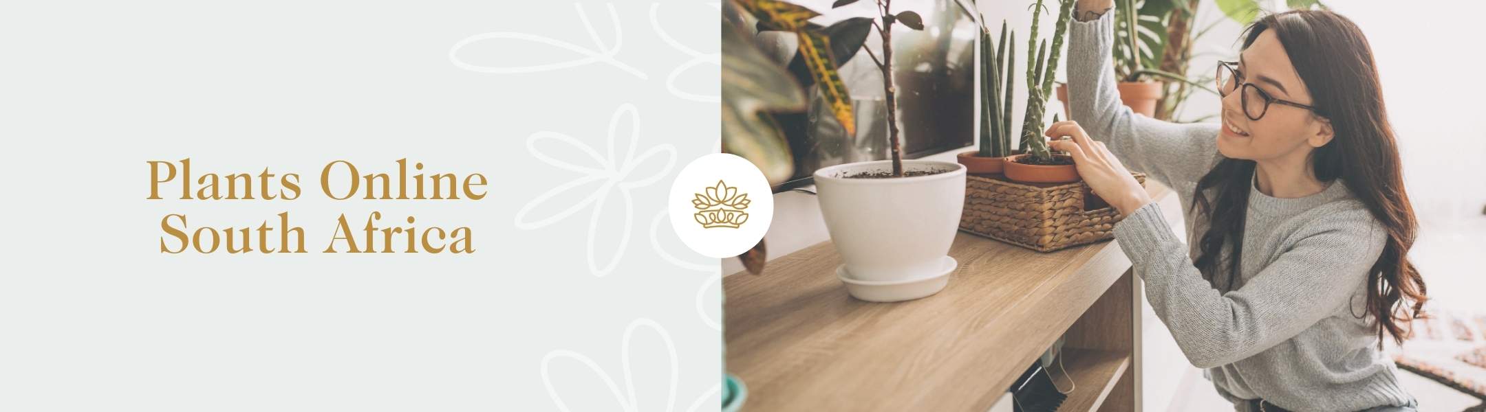 Plants Online South Africa text with a woman arranging potted plants, showcasing online plant shopping from Fabulous Flowers & Gifts.