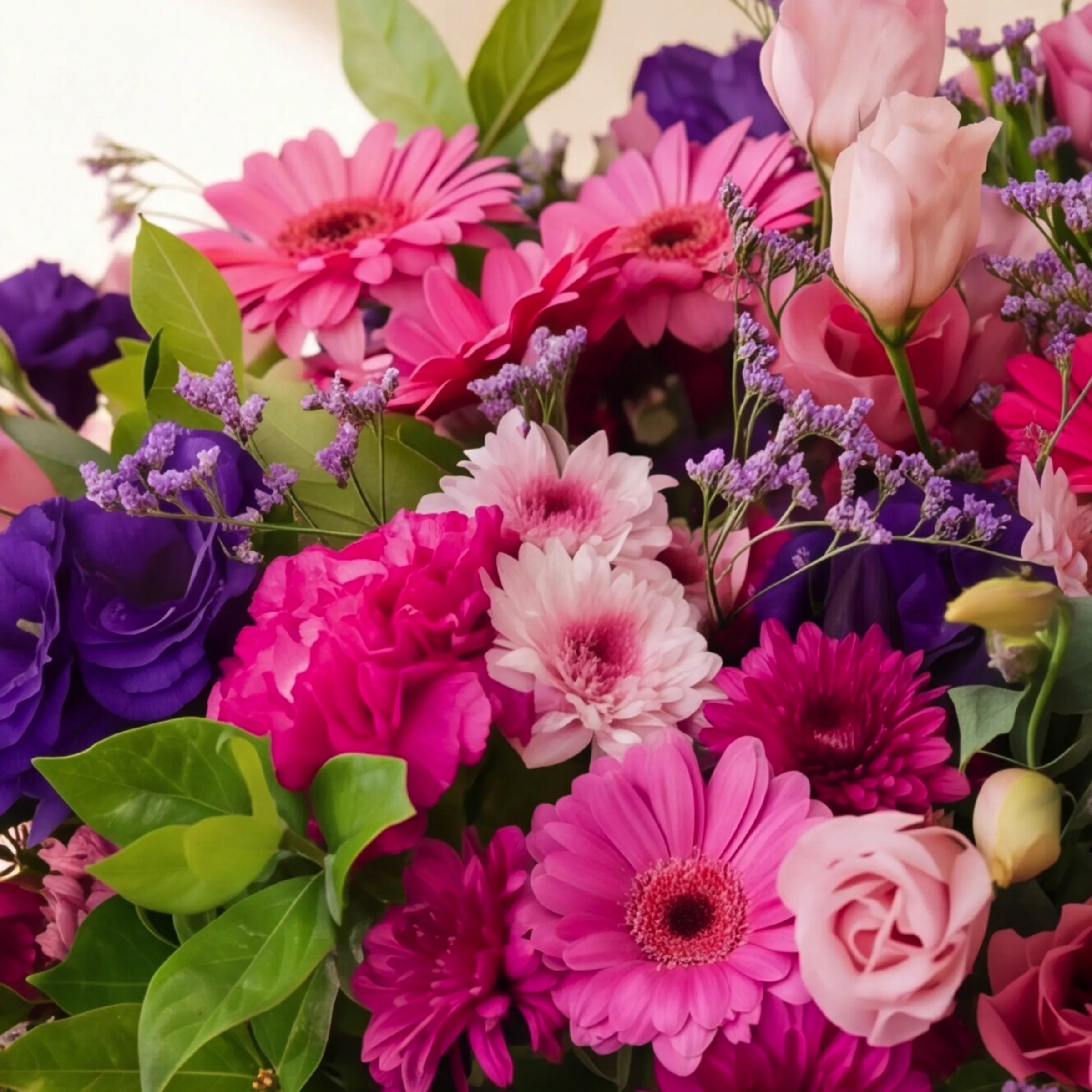 Close-up of pink gerbera, pink lisianthus, purple lisianthus and statice in the Pretty in Pink and Purple arrangement