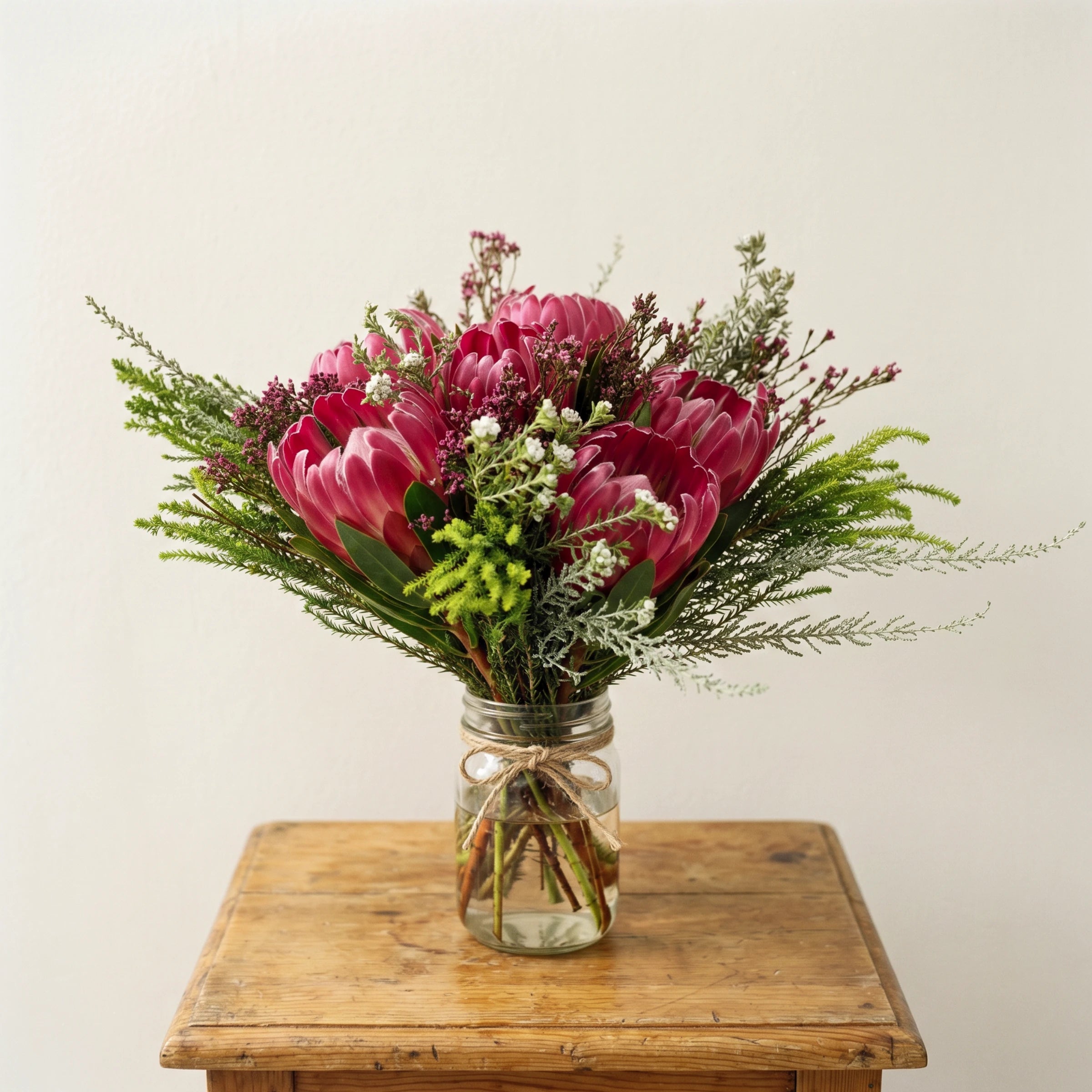 Proteas in a Jar by Fabulous Flowers South Africa styled on a rustic wooden side table, six Pink Ice proteas with pink fynbos waxflower, restio and silver wormwood hand-styled in a twine-tied glass jar