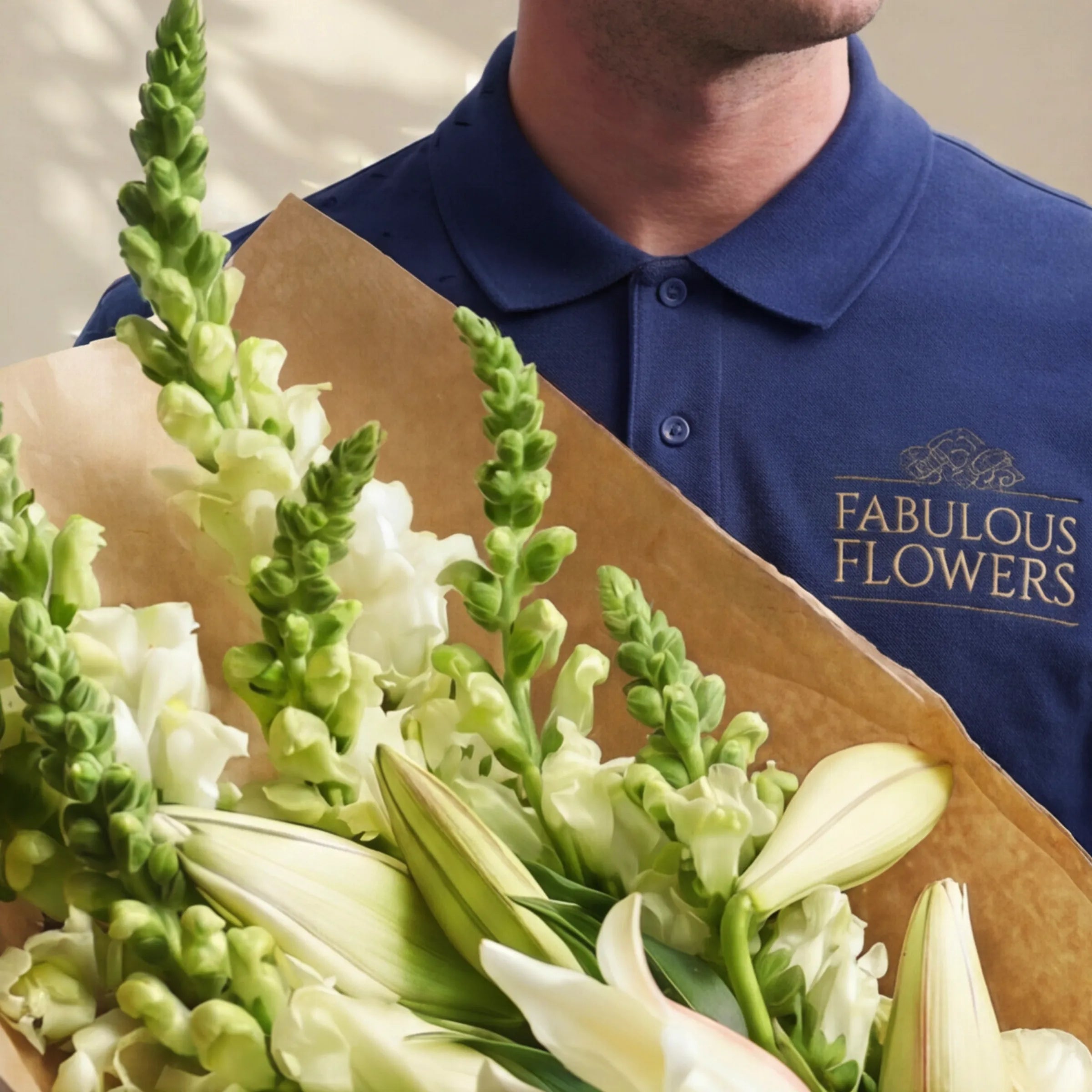 White snapdragons and lily buds in kraft paper beside the Fabulous Flowers navy and gold logo polo