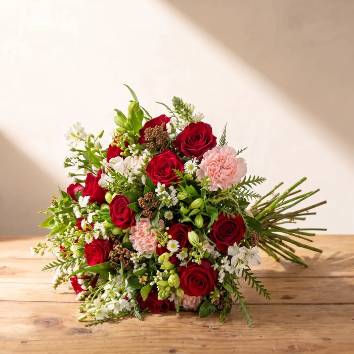 Hand-tied bouquet of deep red roses, pink carnations and small white asters lying on a pine table in afternoon sun, Fabulous Flowers South Africa