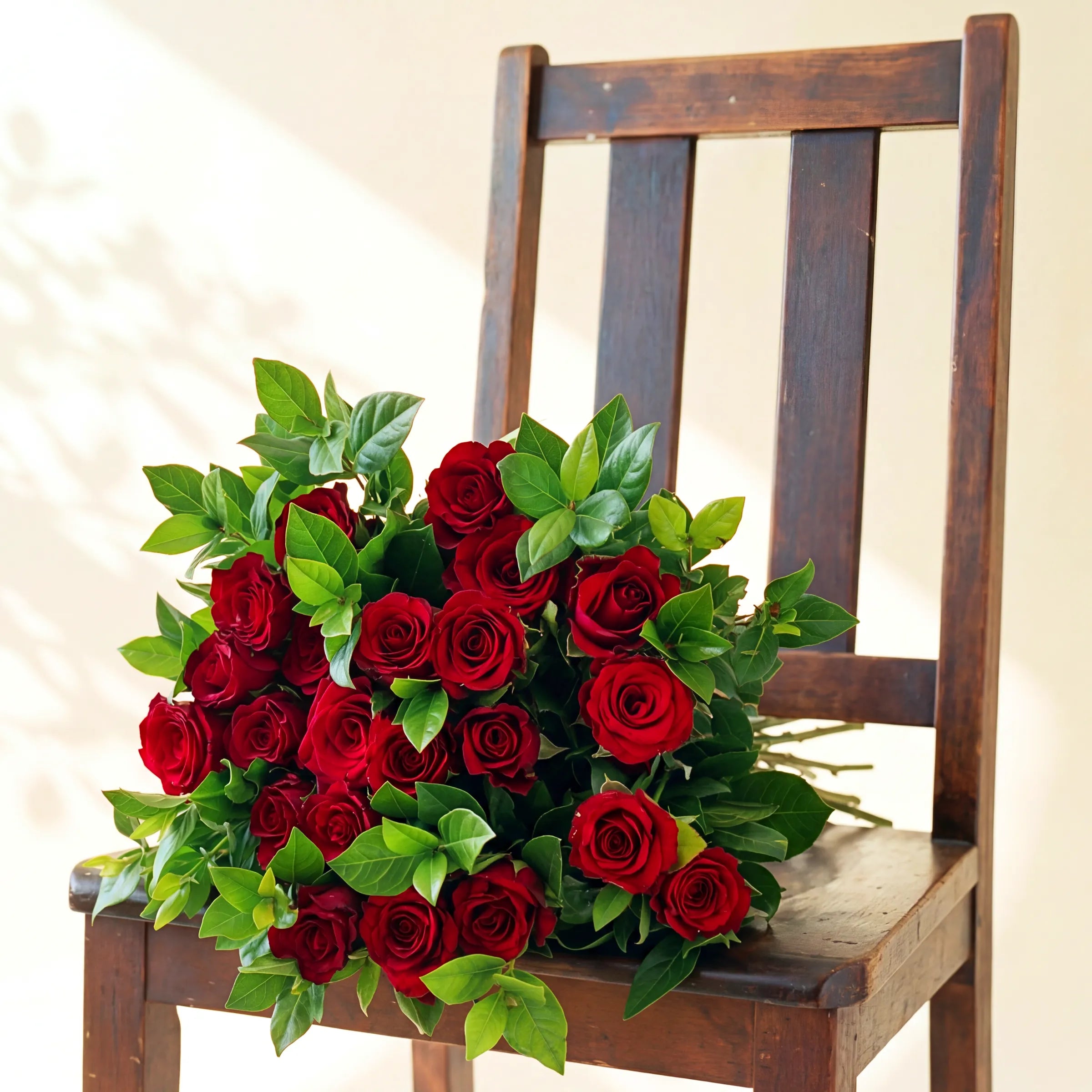 Red Rose Greenery Bouquet of deep red roses and fresh green foliage resting on a wooden chair, Fabulous Flowers Cape Town
