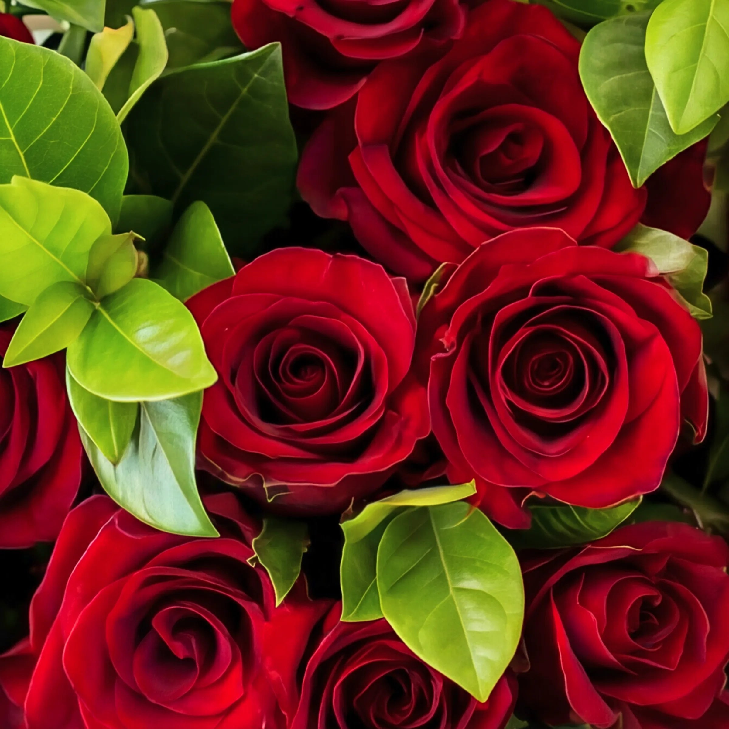 Close-up of deep red roses and glossy green leaves in the Red Rose Greenery Bouquet, same-day Cape Town and Joburg