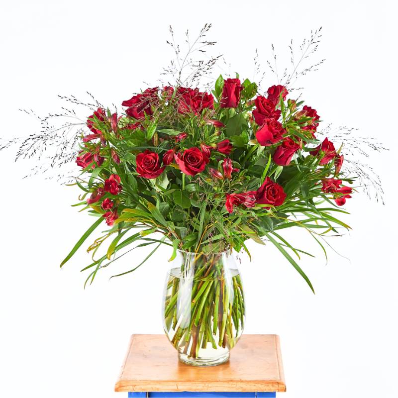 Arrangement of red roses in a clear vase on a white background