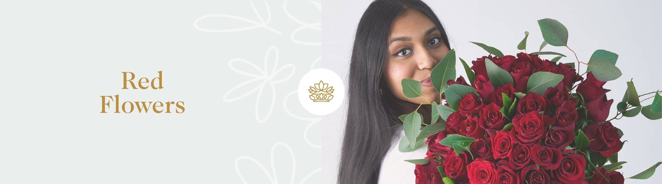 Red Flowers banner featuring a woman holding a large bouquet of red roses with greenery, alongside the text 'Red Flowers'.