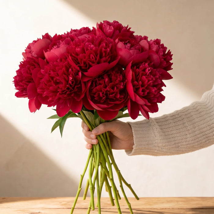Hand holding out a bouquet of fully opened lush red peonies
