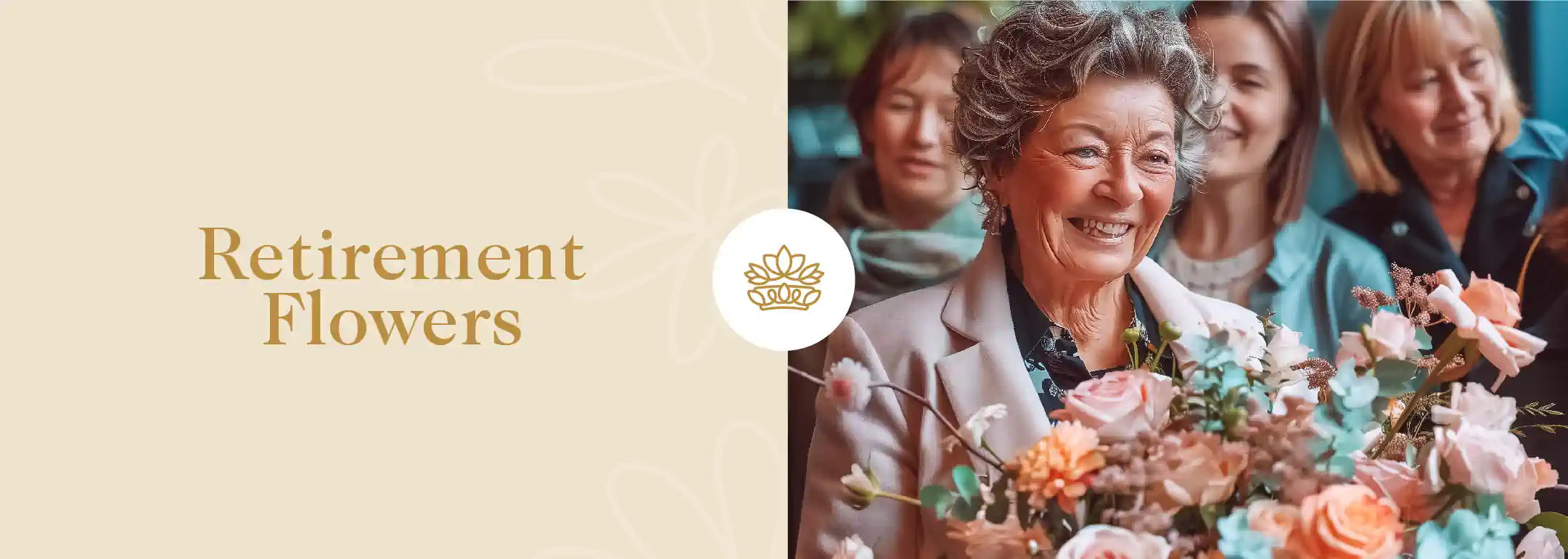 An elderly woman smiling as she holds a bouquet of flowers, surrounded by friends. Fabulous Flowers and Gifts - Retirement Flowers
