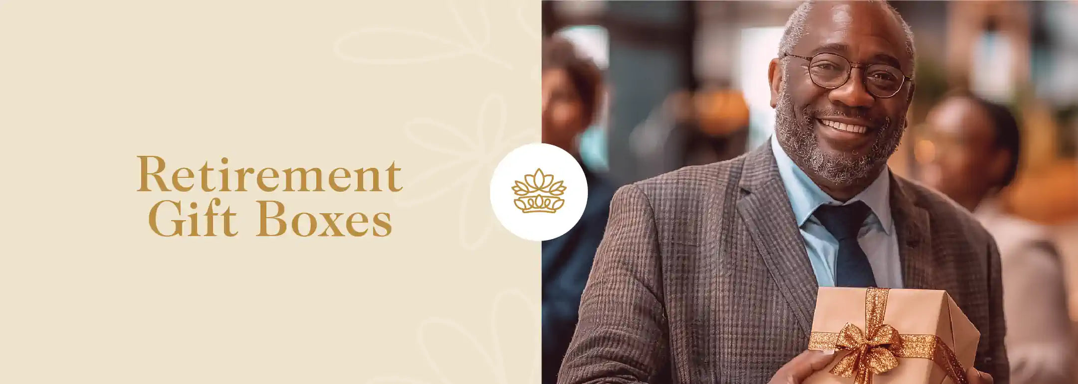 A man holding a gift box with a gold ribbon, smiling at a retirement party. Fabulous Flowers and Gifts - Retirement Gift Boxes