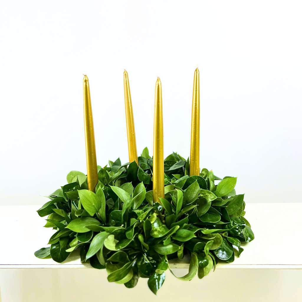 Ruscus Christmas Wreath with Gold Candles - Fabulous Flowers and Gifts