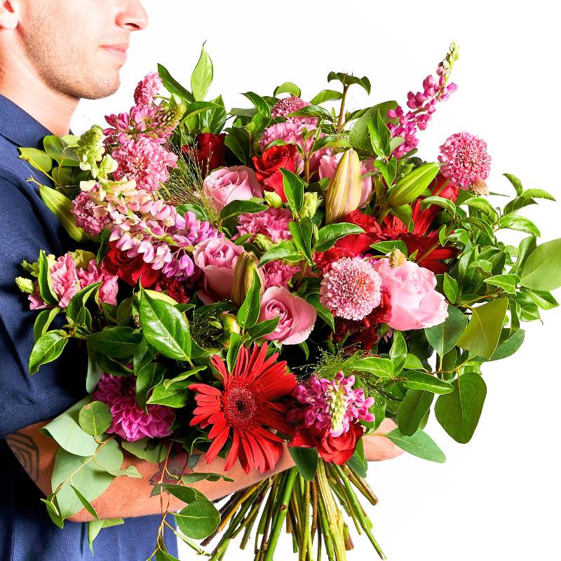 Bouquet of colorful pink and red flowers held by a person against a white background