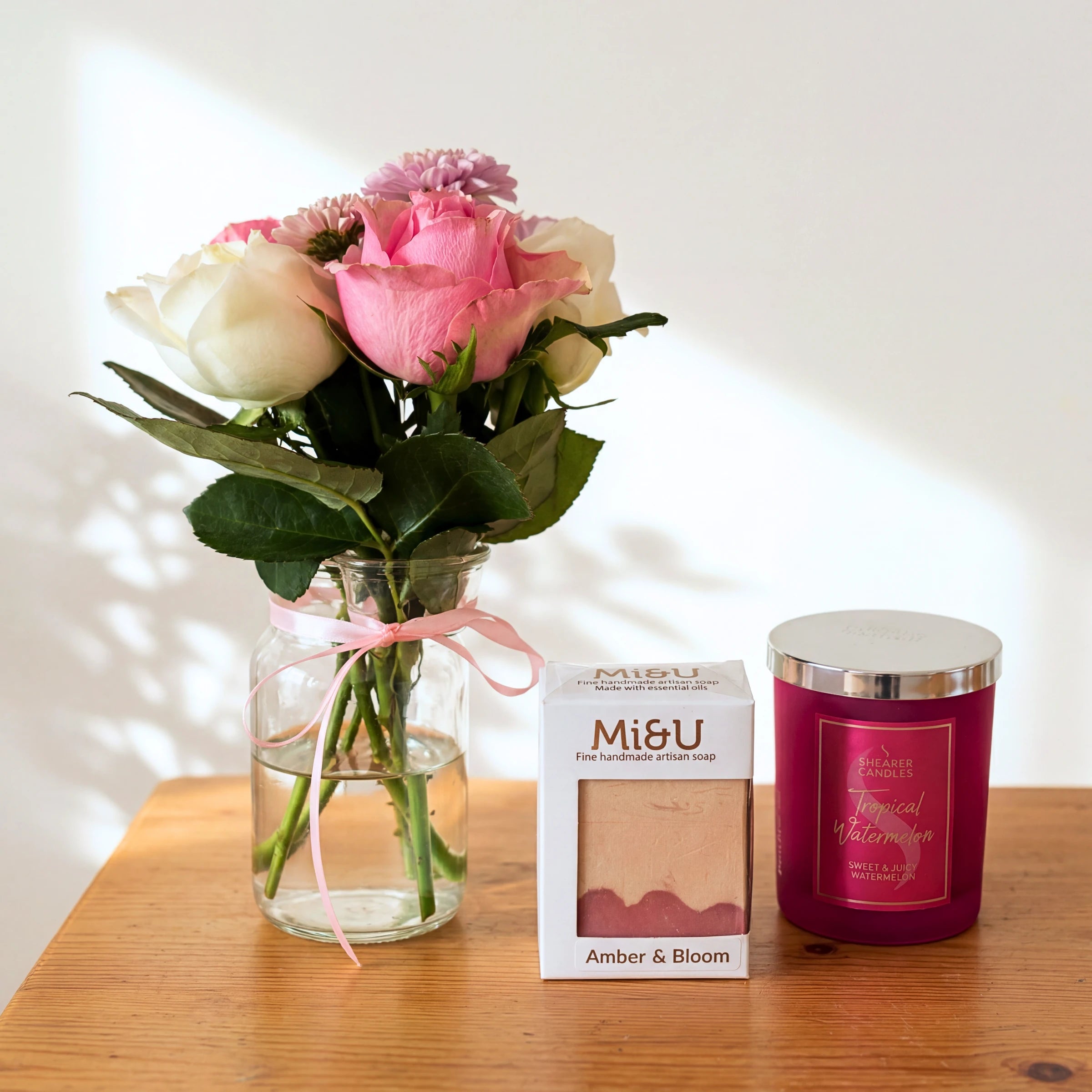 Rose & Ember gift set for her: pink and cream rose posy, Mi&U Amber & Bloom soap and a Shearer candle