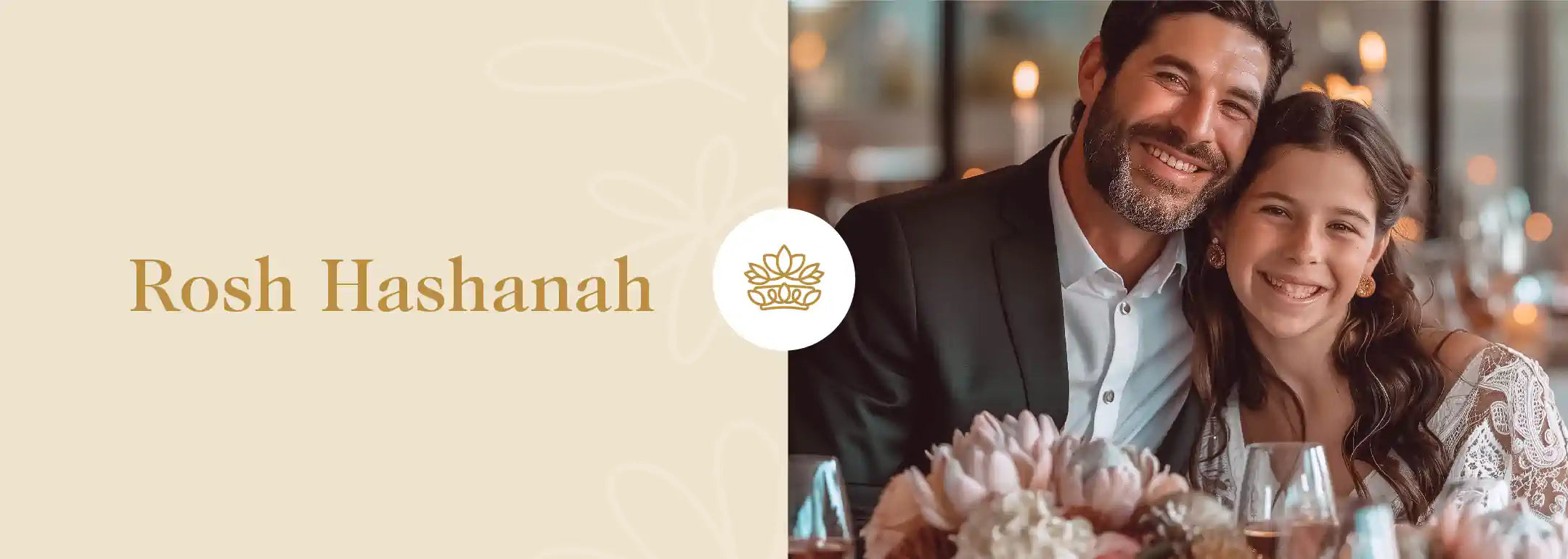 A man and his daughter smiling at a table decorated with flowers for a Rosh Hashanah celebration. Fabulous Flowers and Gifts - Rosh Hashanah