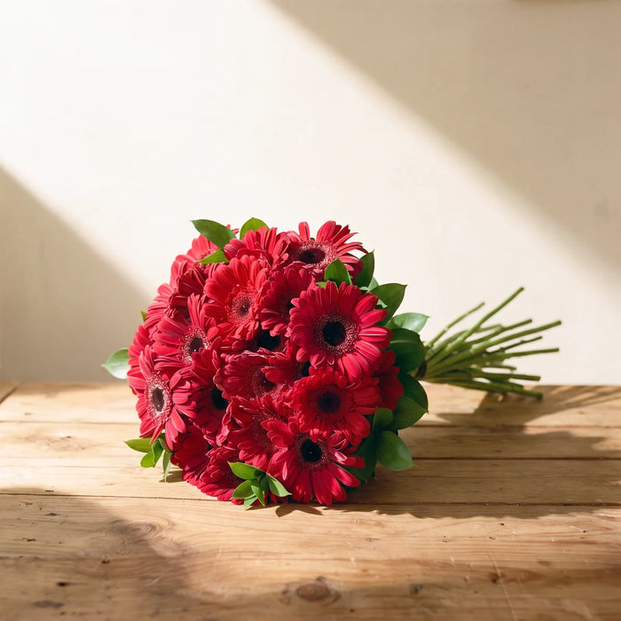 Hand-tied bouquet of twenty deep red gerbera daisies with dark centres and green leaves lying on a pine table against a sunlit cream wall, Fabulous Flowers South Africa