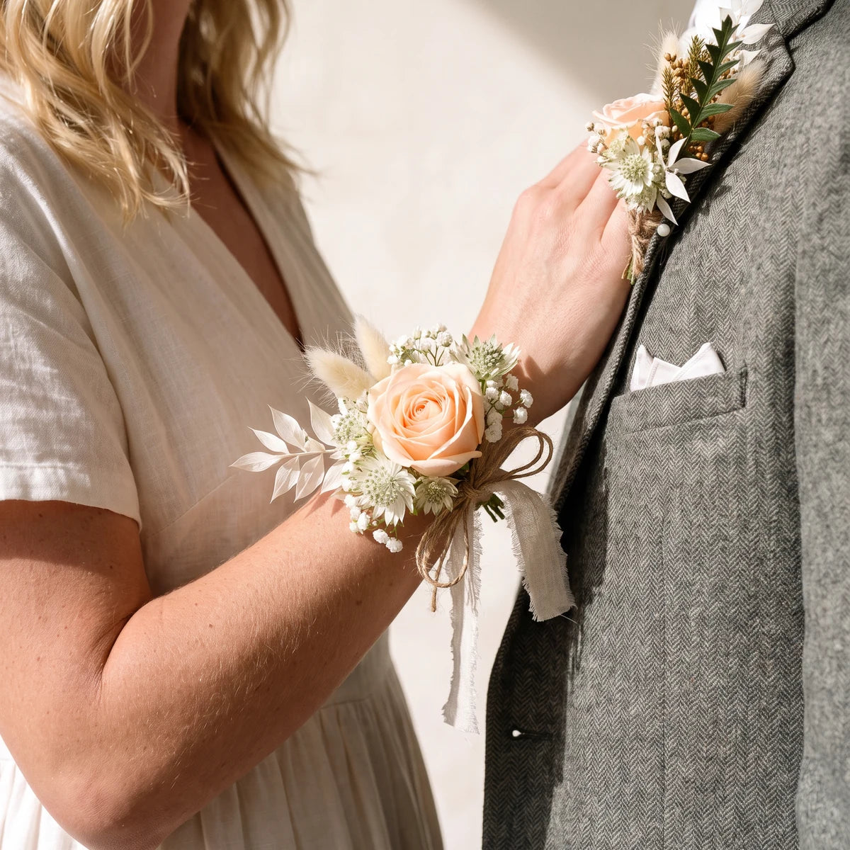 Hand wearing a rustic wrist corsage resting on a tweed jacket with a matching boutonniere, Fabulous Flowers South Africa