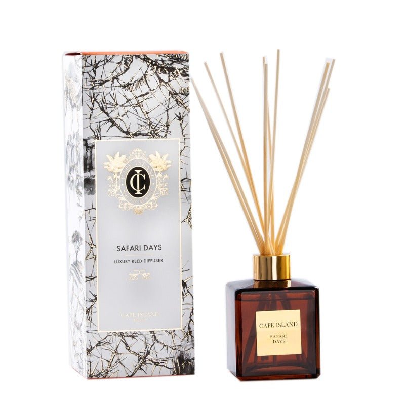 Cape Island Safari Days luxury reed diffuser with packaging on a white background