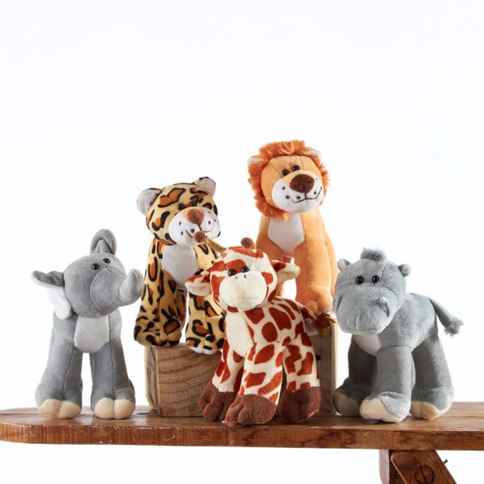 Safari Softies collection featuring an array of plush animals including a lion, elephant, and giraffe, arranged on a wooden bench, perfect for kids' room decor and educational play.