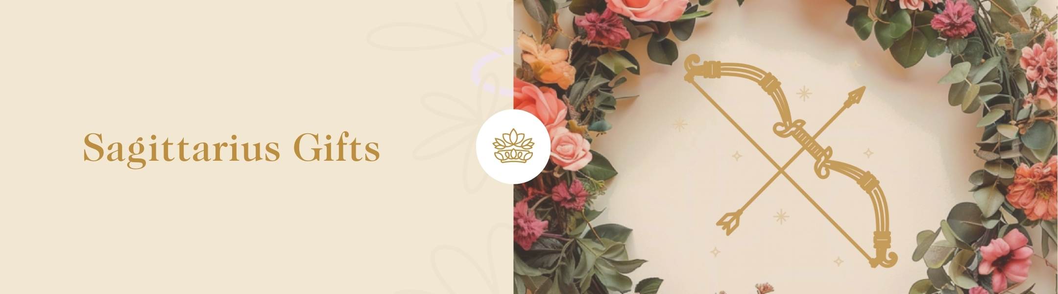 Sagittarius Gifts banner for Fabulous Flowers & Gifts, featuring floral wreath framing a golden Sagittarius bow and arrow symbol.